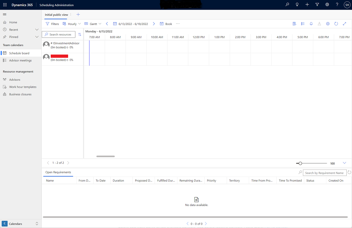 Screenshot of the Calendars area in the Scheduling administration app.