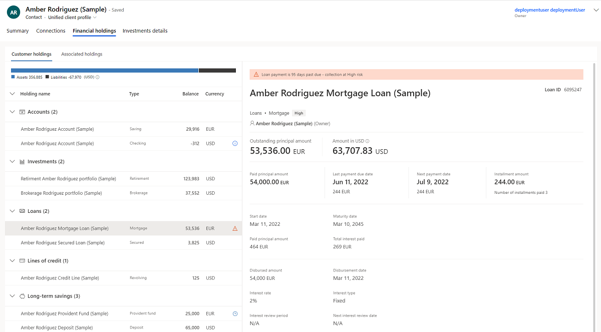 Screenshot of the Financial holdings tab in the Unified client profile.