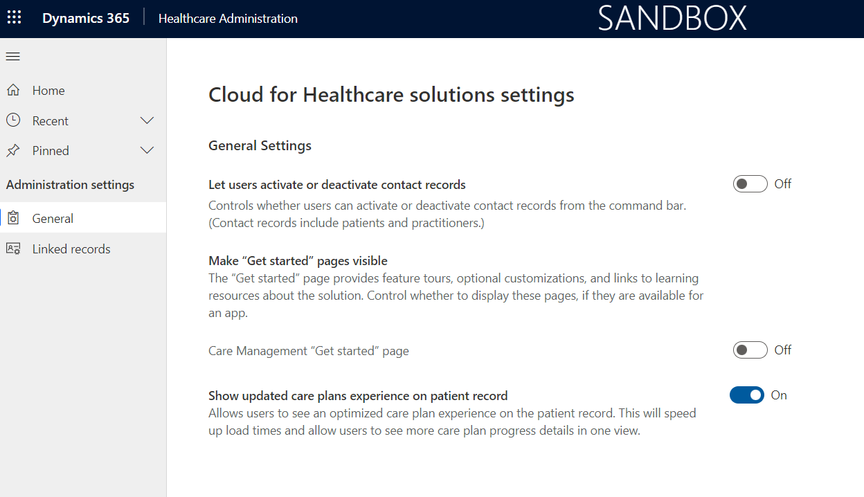 A screenshot showing the healthcare administration app configuration settings.