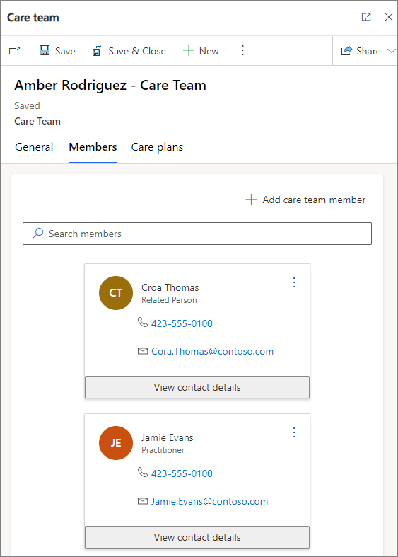 A screenshot displaying member information for a sample care team.
