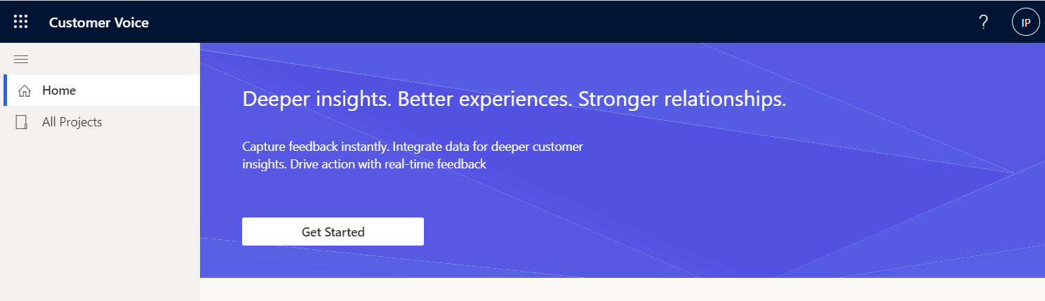 A screenshot displaying the Dynamics 365 Customer Voice page.