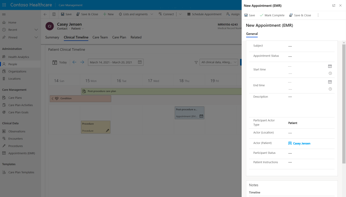 Screenshot showing the creation of an appointment from the clinical timeline.