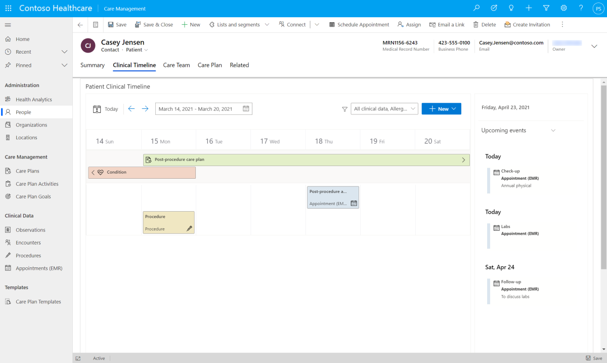 Screenshot showing the Clinical Timeline calendar and agenda panes.