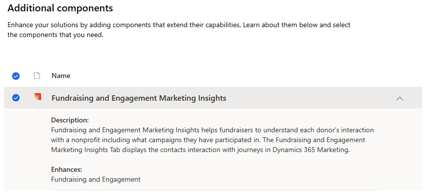 Set up solution page showing the option to include Fundraising and Engagement Marketing insights.