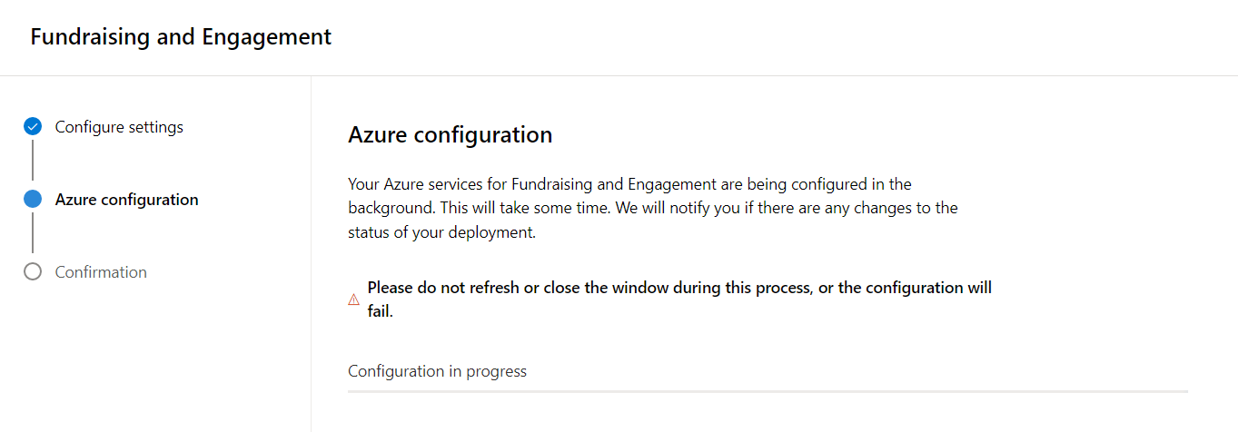 Azure configuration page confirming background configuration and warning not to refresh or close the window during this process.