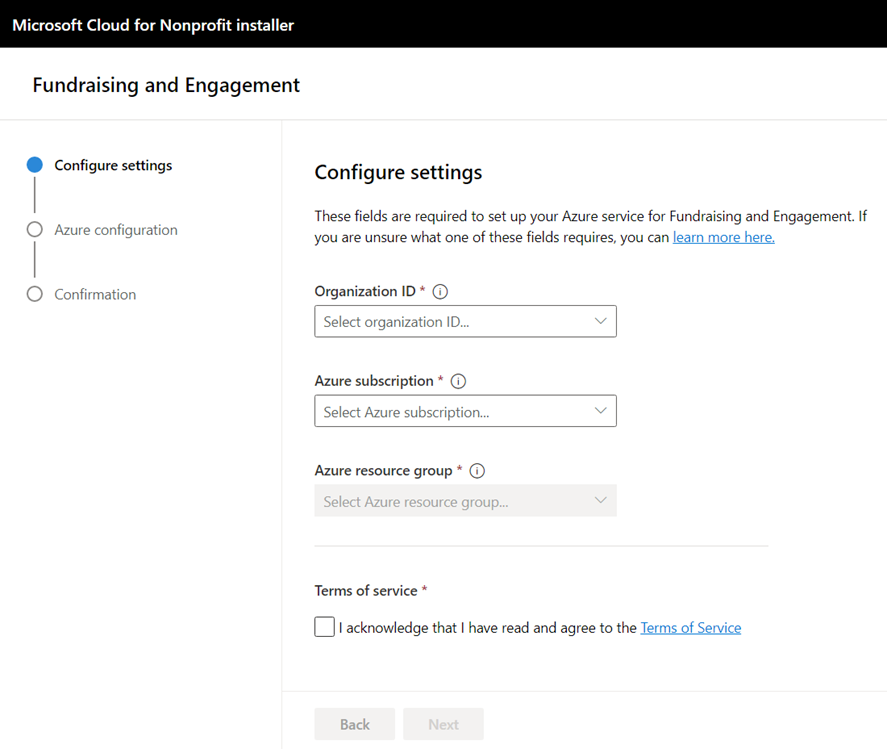 Configure settings page of the installer requesting the environment name, Azure subscription, and resource group.