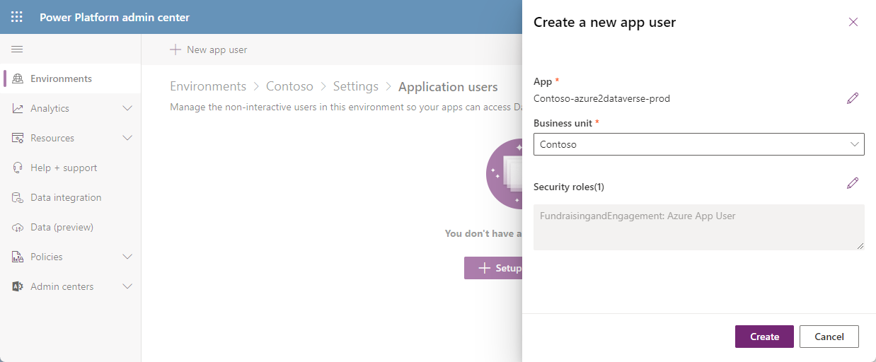 The UI for creating an application user.