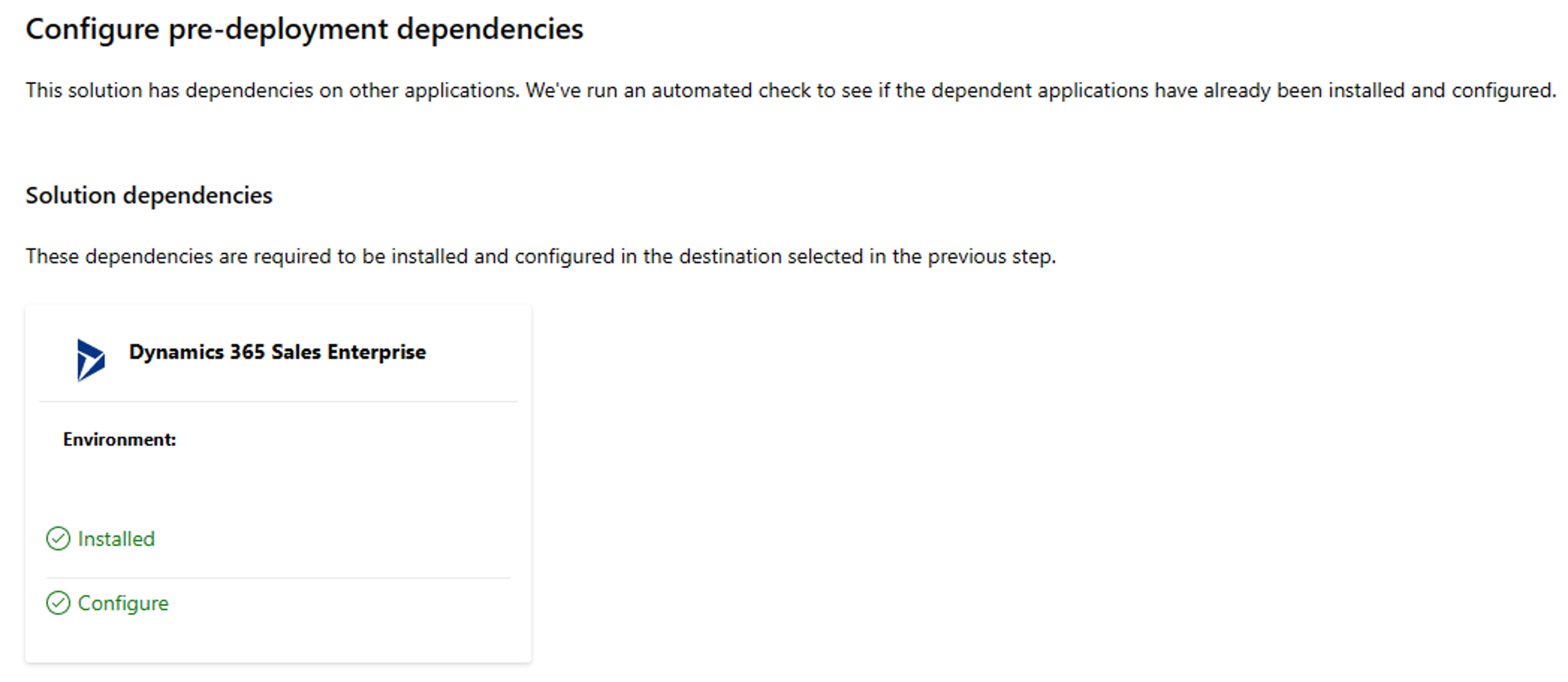 Screenshot showing the solution Center checks predeployment dependencies.