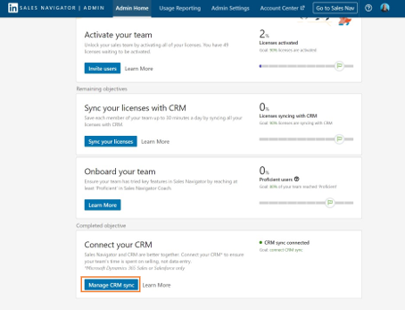 Manage CRM sync command in Connect to CRM section.