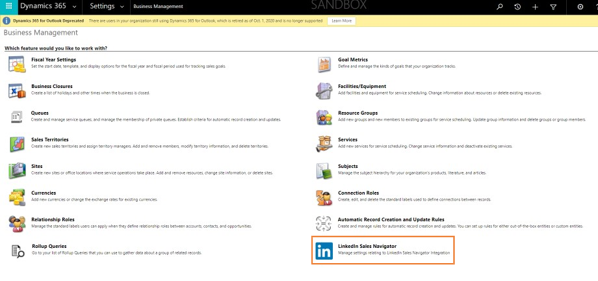 LinkedIn Sales Navigator command on the Business Management page
