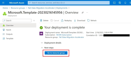Screenshot showing the deployment complete message with the Go to resource group button highlighted.