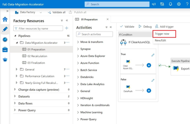 Screenshot showing the first pipeline highlighted and the trigger now option.