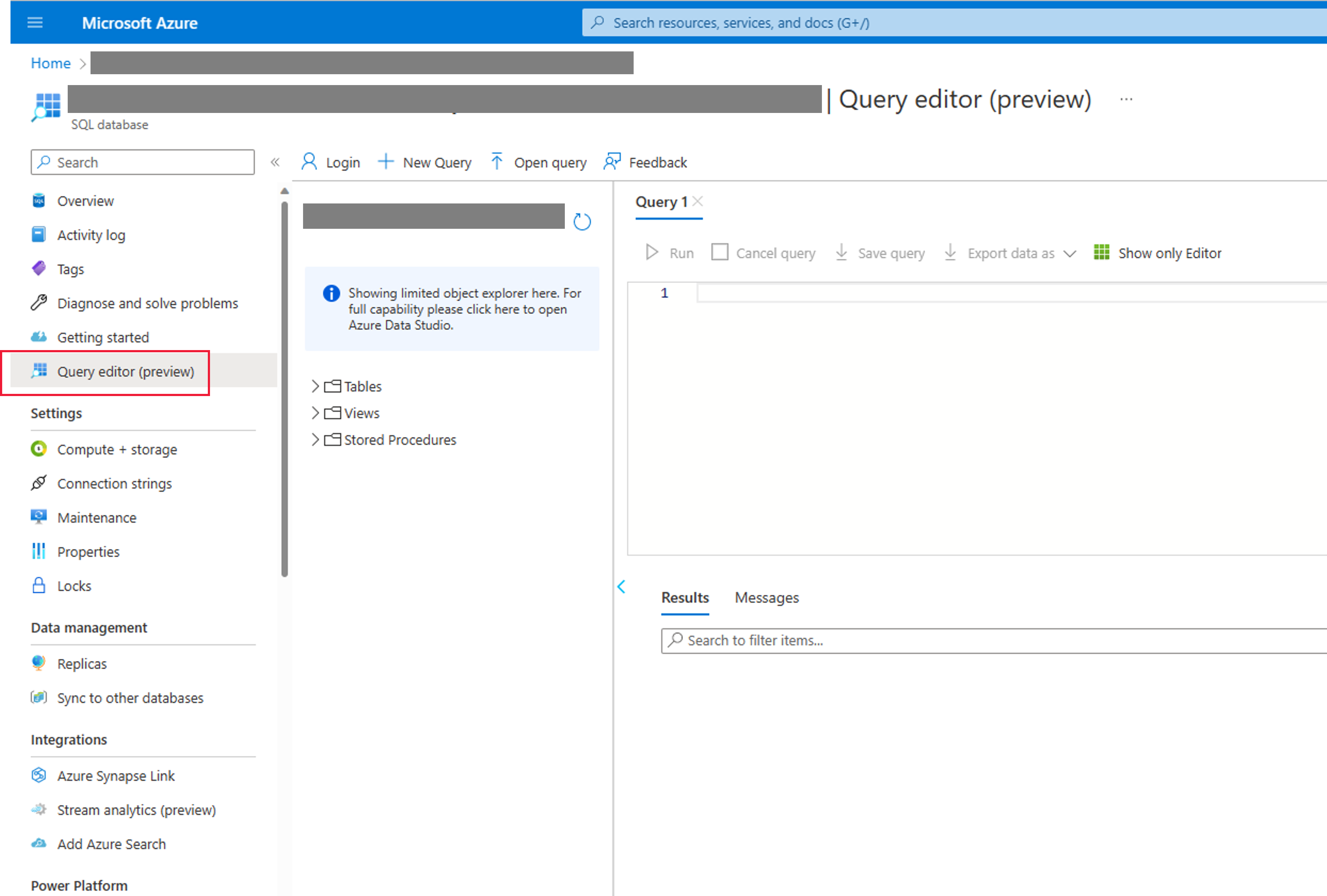 Screenshot showing query editor option and the pane to type the SQL code.