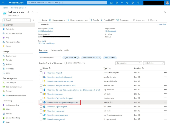 Screenshot different apps within the F and E resource group with the recurring app highlighted.