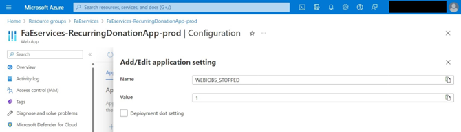 Screenshot showing the new application dialog box with the completed settings of WEBJOBS_STOPPED and a setting of 1.