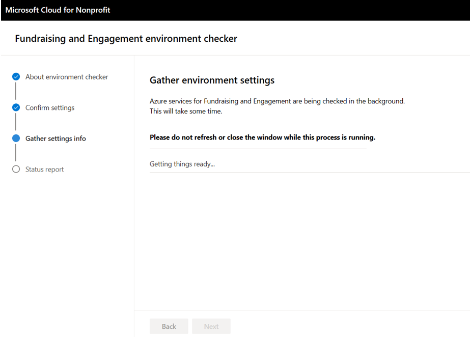 Screen shot showing the Gather environment settings page with a message to don't refresh this page.