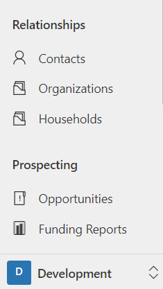 Select the Development area to work on Relationships and Prospecting.