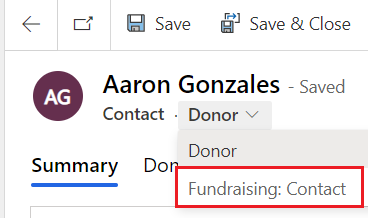 Select Fundraising: Contact on the menu just below the record name.