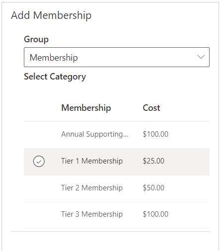 Select a membership category to add to the transaction.