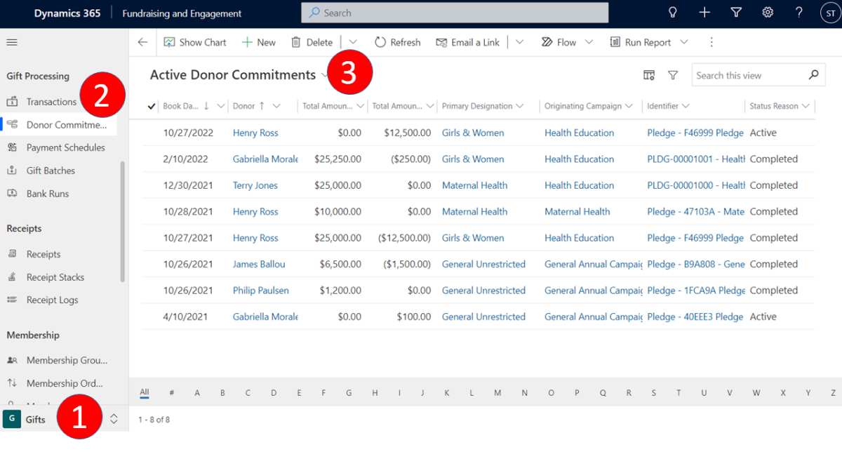 Screenshot of the Donor Commitments page.