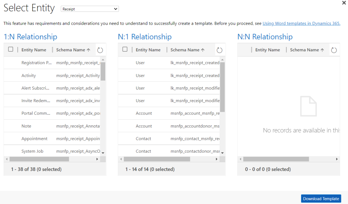 Select the relationships for the Word template you need.