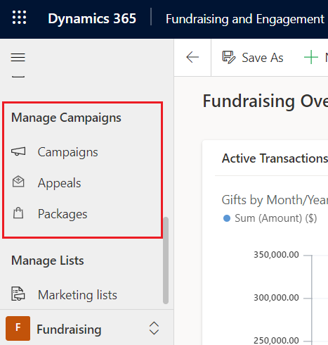 Manage Campaigns in the Fundraising area.
