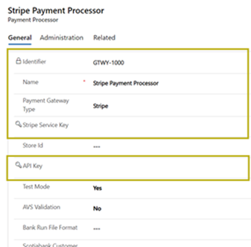 Stripe Payment Processor gateway fields