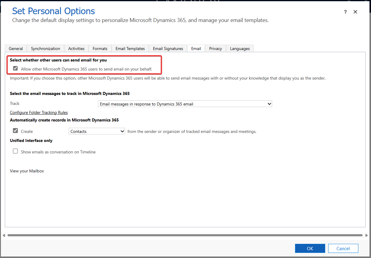 Screen shot showing how to set the setting for Allow the Microsoft Dynamics 365 users to send an email on your behalf.
