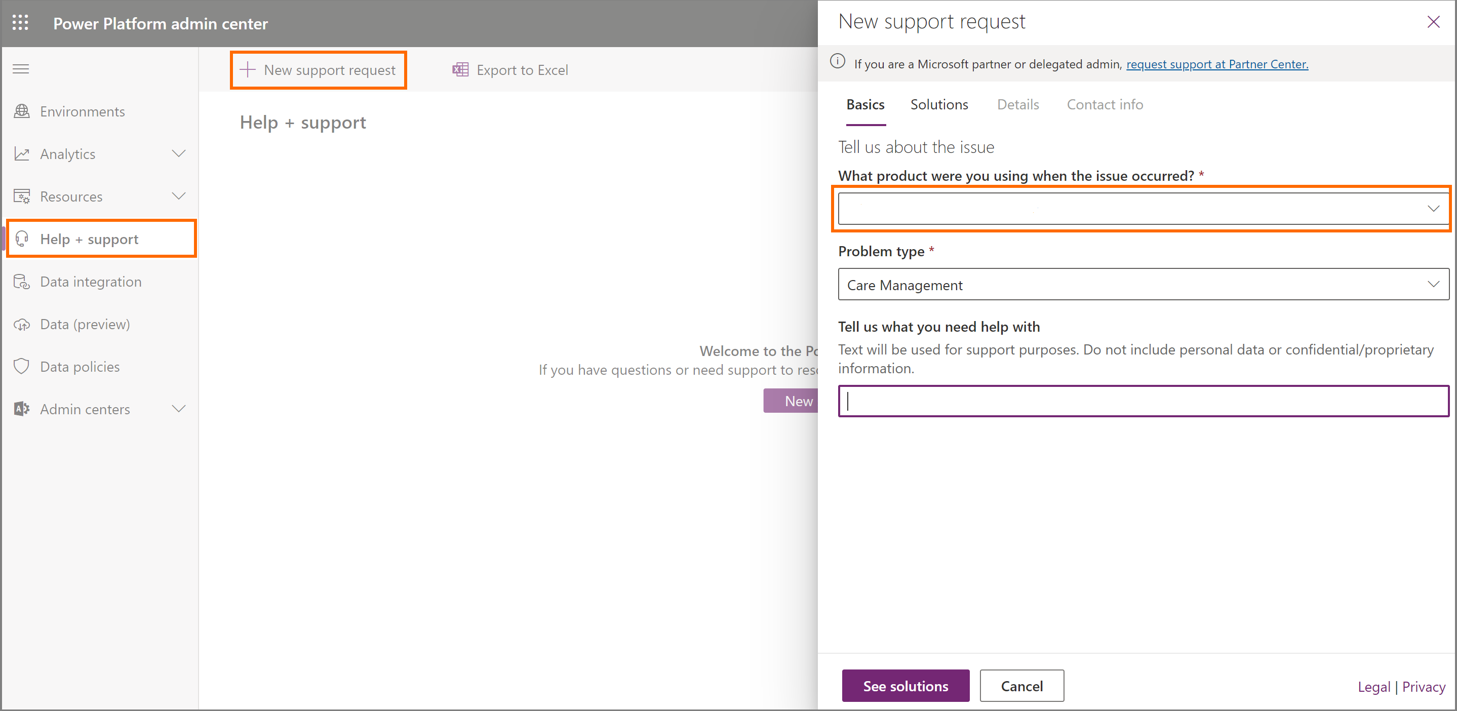 Help and support in Power Platform admin center.