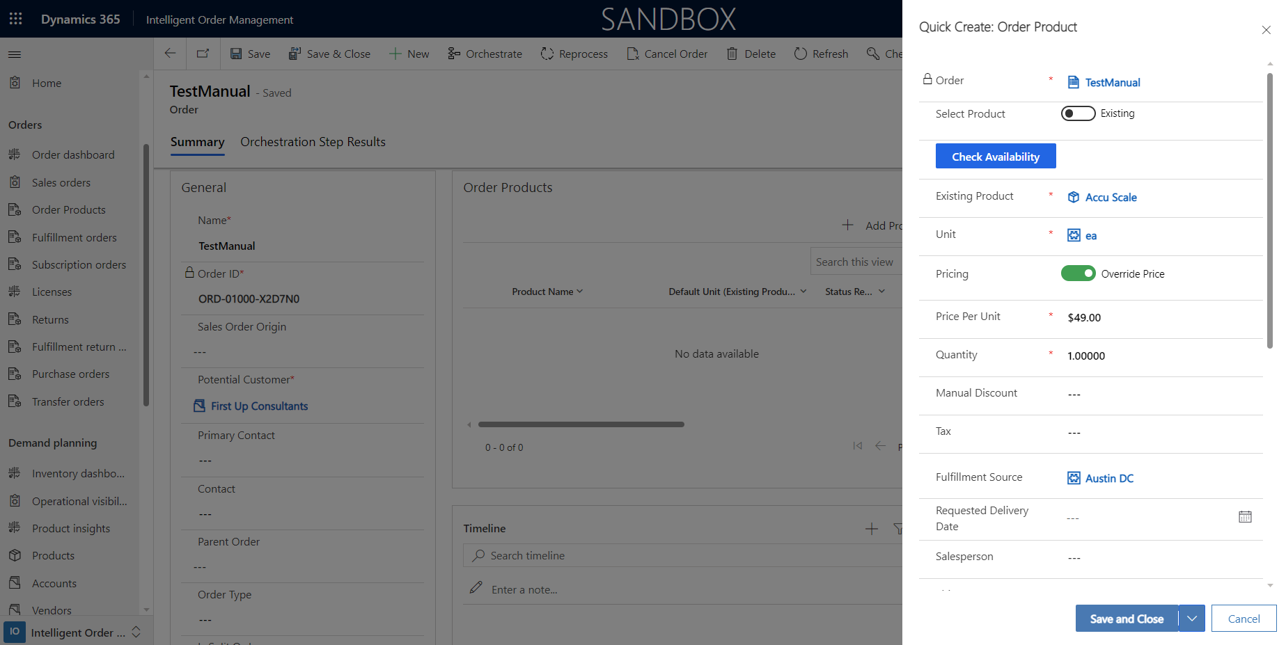 Quick Create: Order Product dialog box.
