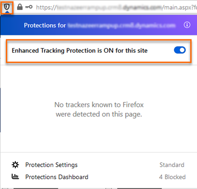Screenshot of configuring track prevention section in firefox.