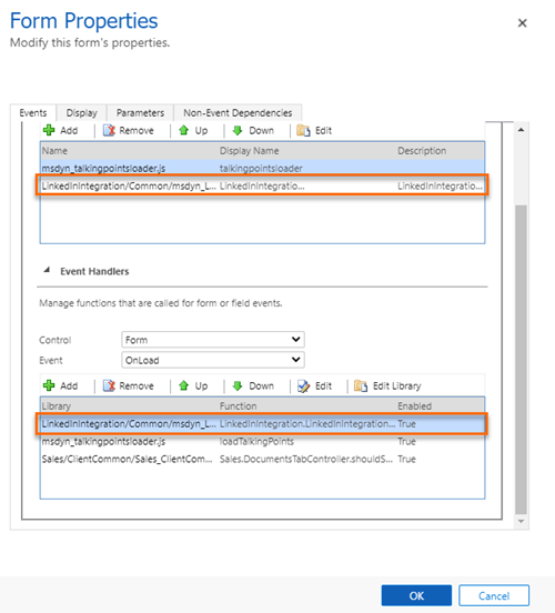 Screenshot of adding LinkedIn library and function to the form.