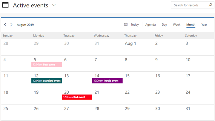 A calendar with several custom-colored events.