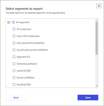 The Select Segments dialog in Customer Insights.