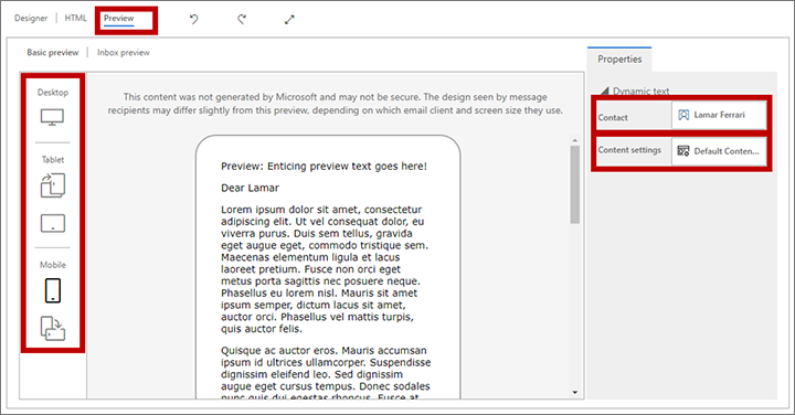 The email preview and preview settings.