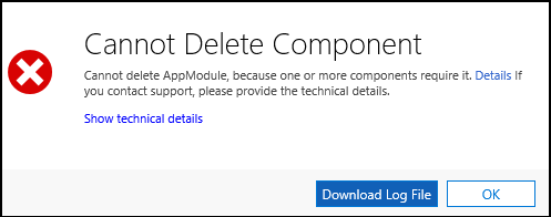 Cannot delete component error.