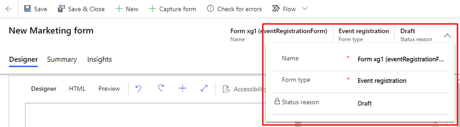 Event registration form header settings.