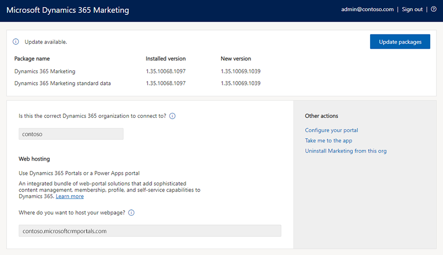 Setup wizard running on an existing Marketing instance.