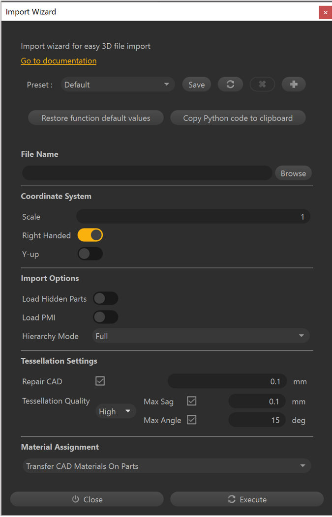 Settings in the Import Wizard dialog box.
