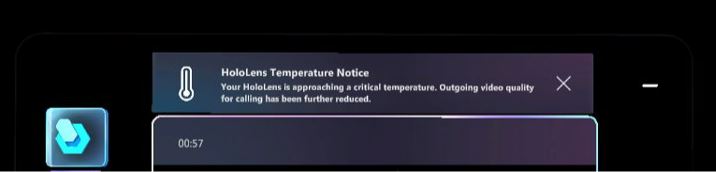 Screenshot of HoloLens message showing that device is continuing to heat up.