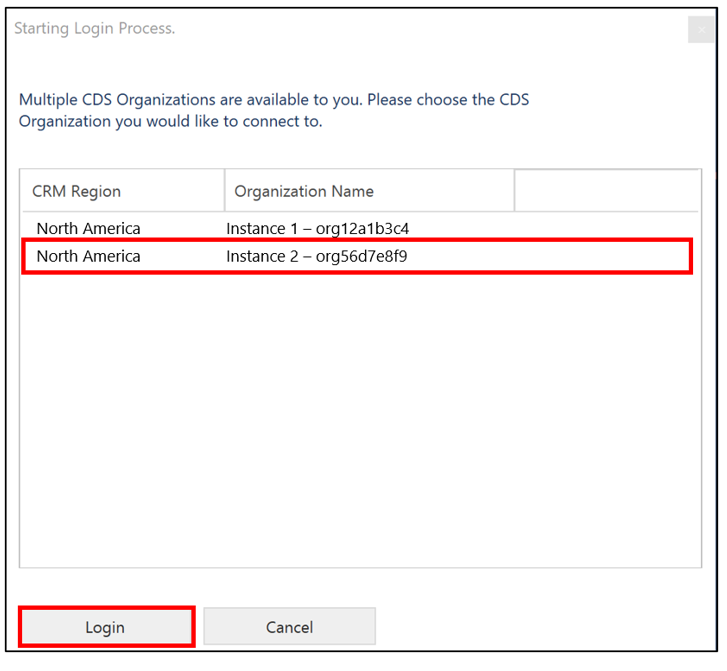 Destination environment selected in the Starting Login Process dialog box.