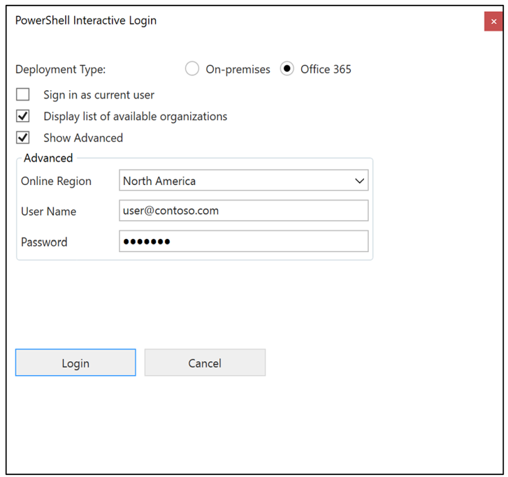 PowerShell Interactive Login dialog box configured for the source environment.