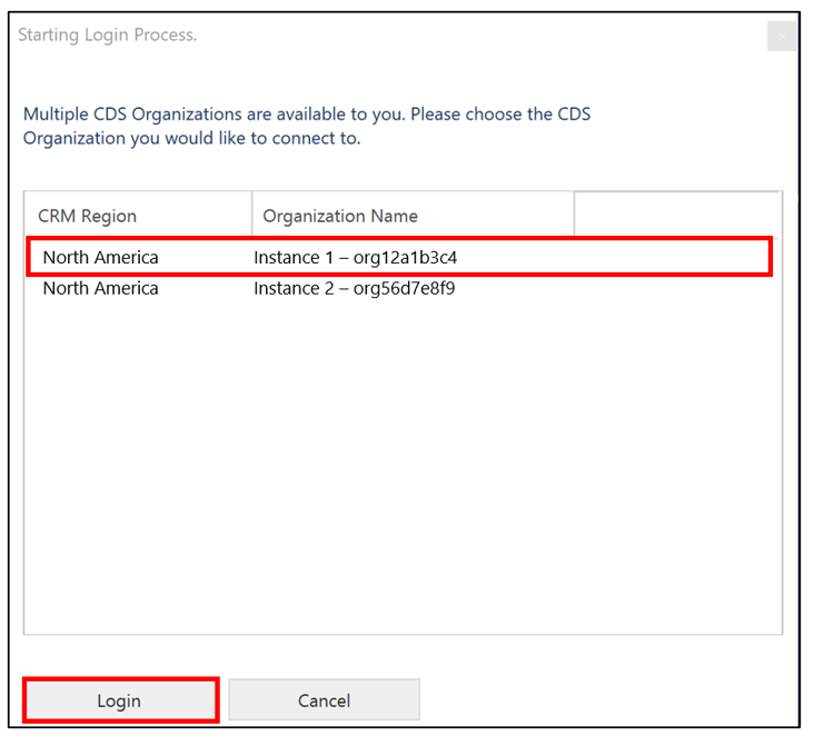 Source environment selected in the Starting Login Process dialog box.