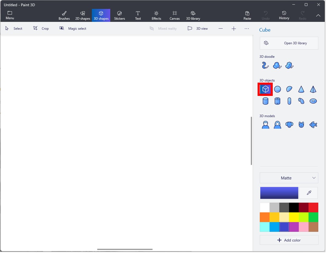 Screenshot of Paint 3D with cube shape highlighted.