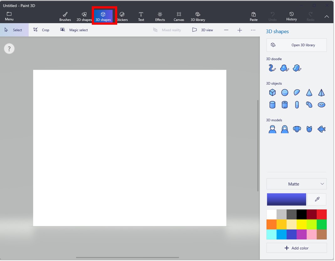 Screenshot of Paint 3D with 3D shapes command highlighted.