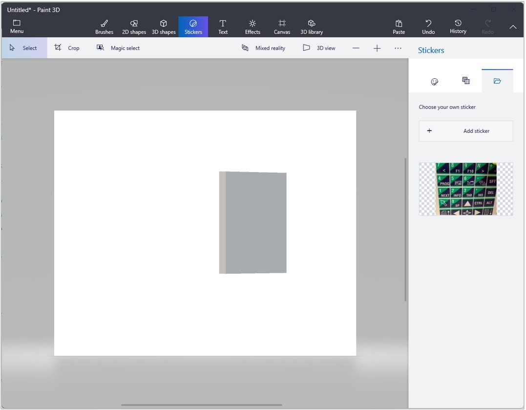 Screenshot of Paint 3D with Stickers command highlighted.