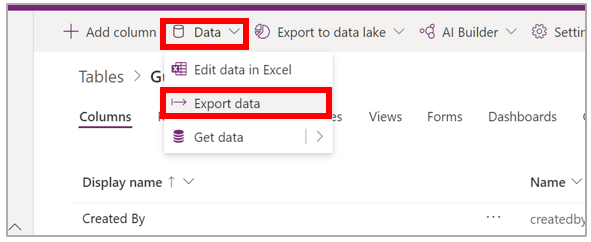 Data menu with Export data selected.