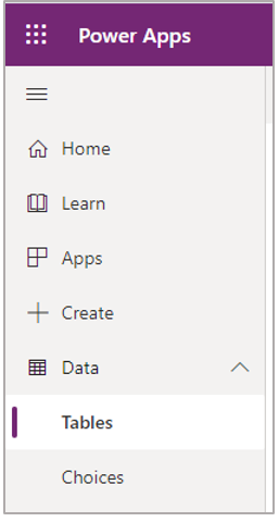 Left navigation pane with Tables selected.