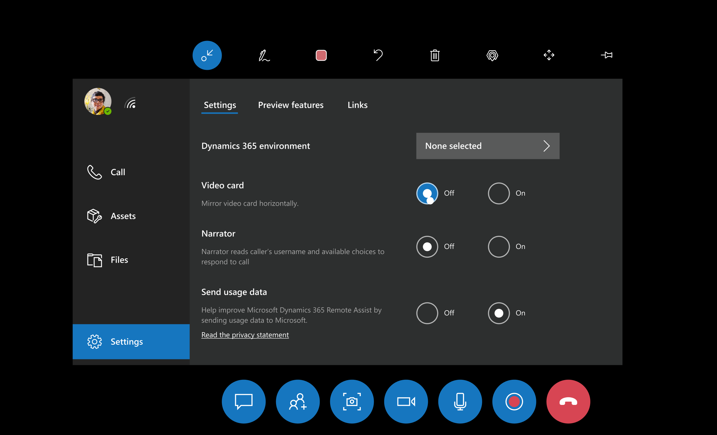 Screenshot of the HoloLens field of view, showing the Settings tab screen.