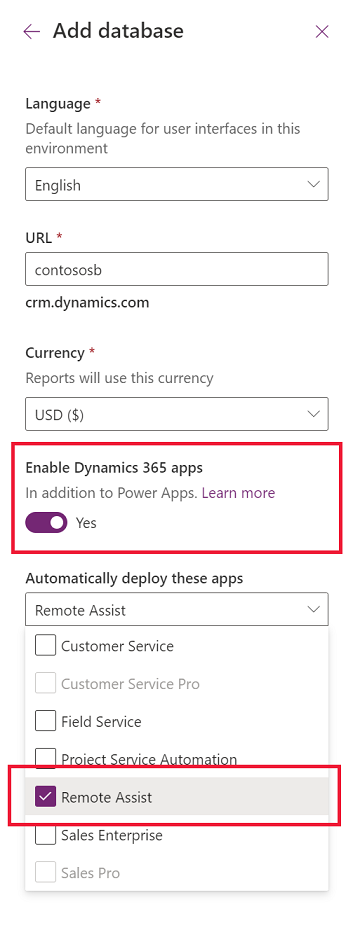 Screenshot of a new environment with enable Dynamics 365 apps.